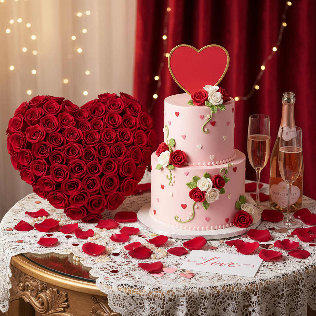 Valentine Heart Roses & Cake Combo